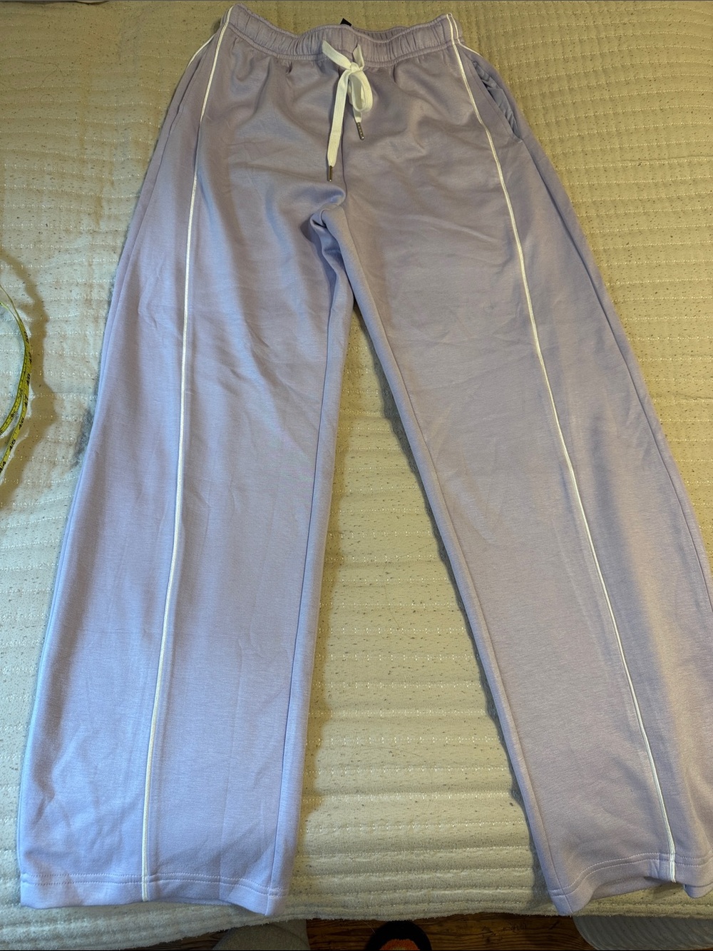 Womens Lavender Knit Barrel Leg Track Pants with White Piping